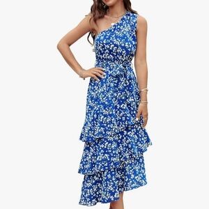 Elegant Blue Floral One-Shoulder Dress